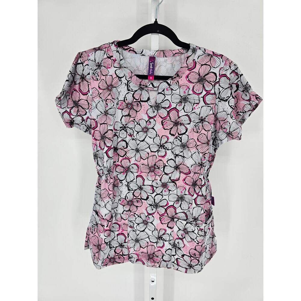 Scrub Works Womens Sz M Short Sleeve Scrub Top Black Pink Floral Print